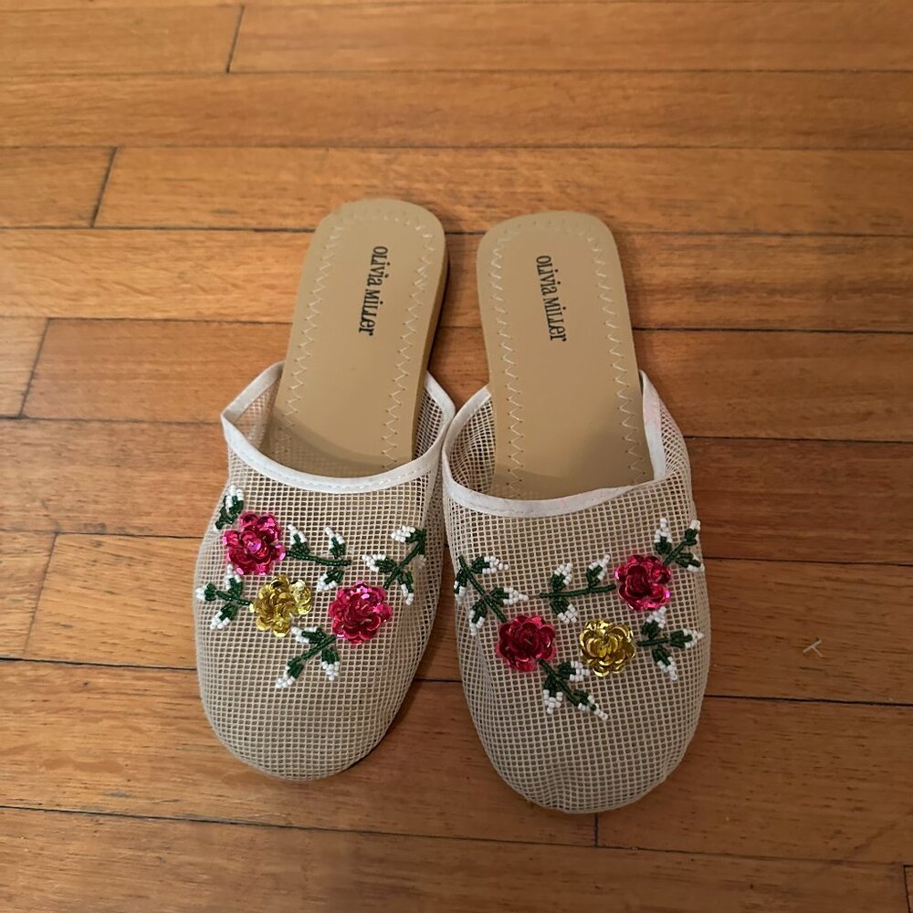 Olivia Miller Women's Floral Beaded Mesh Chinese Slippers